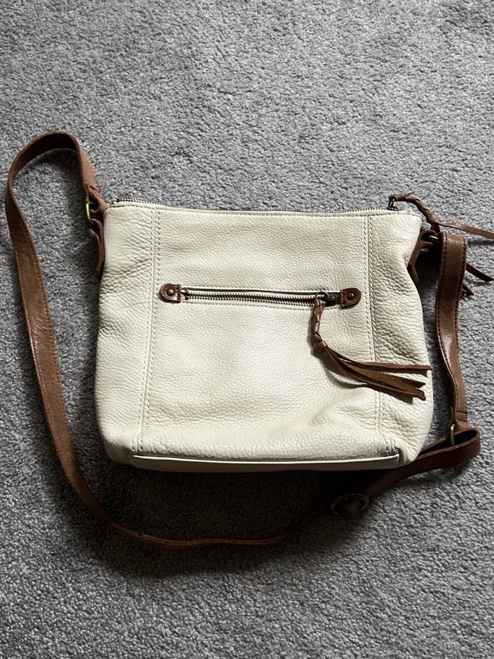Cream Leather Crossbody Shoulder Bag with Brown Trim